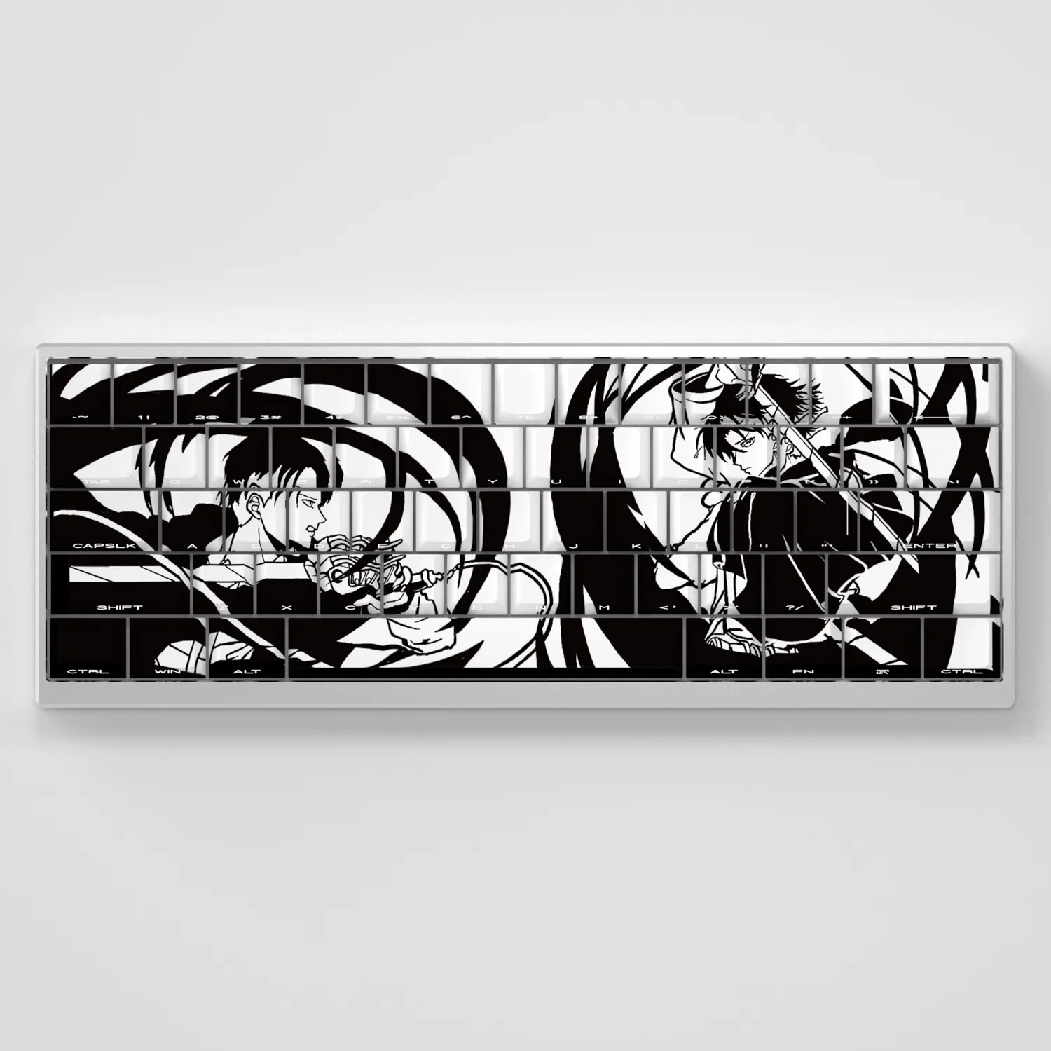 Stunning Attack on Titan Levi PBT side-engraved backlit keycap set, featuring iconic anime character design and sleek legends ready for your keyboard.