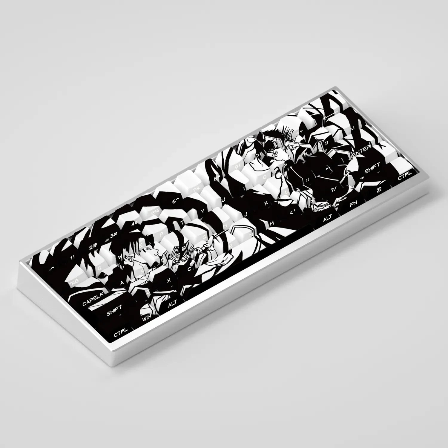 Dynamic gallery of the Attack on Titan Levi PBT Side-Engraved Backlit Keycap Set, showcasing iconic anime design, durable PBT, and sleek, luminous design.