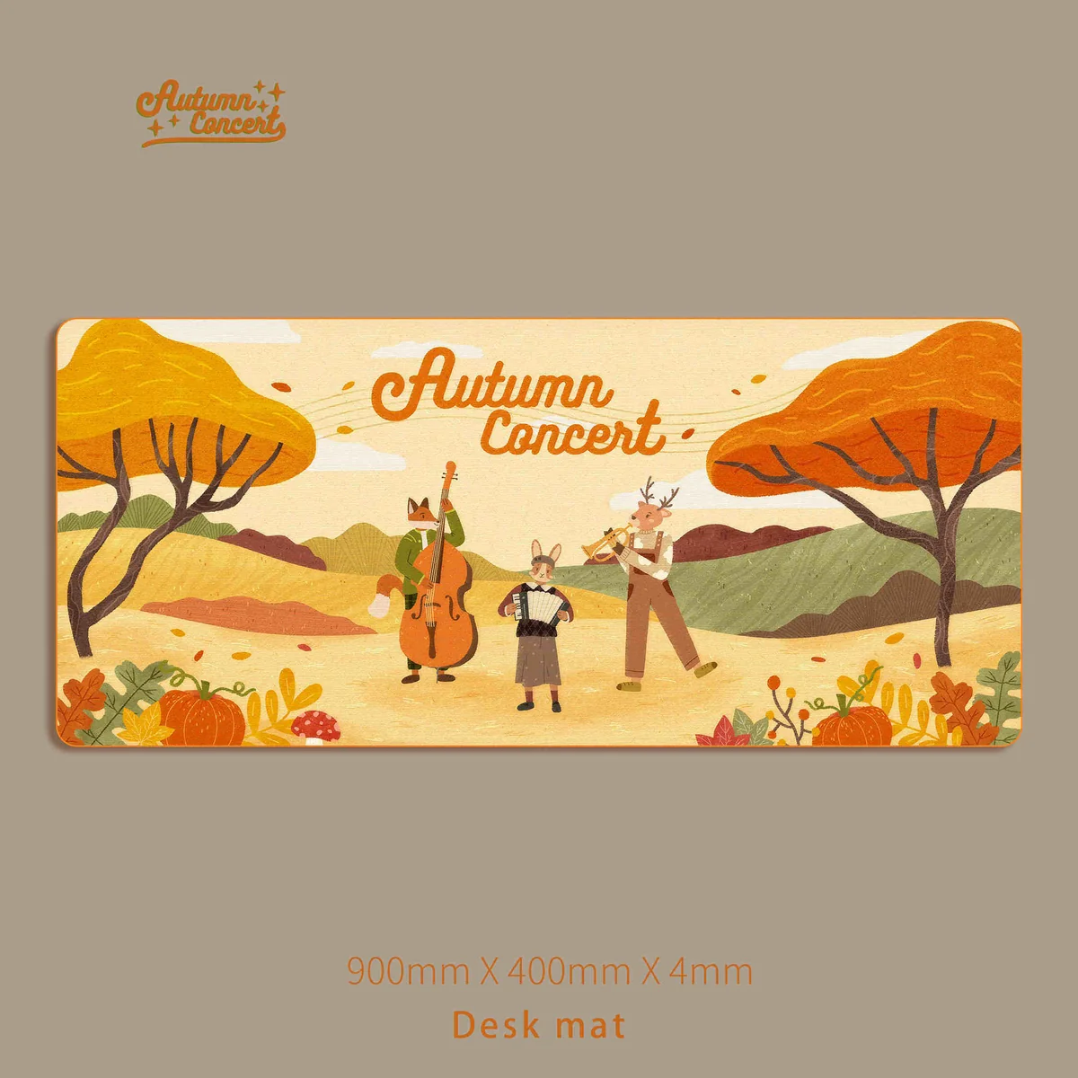 Artistic autumn concert large deskmat, beautifully illustrating a serene musical scene with warm fall colors and elegant instruments. This premium autumn serene design.