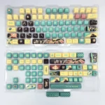 Aventurine FOA PBT Dye-Sub keycaps set, displaying mystical green hues and shimmering gold flecks from various angles. Highlights the ergonomic sculpted FOA Profile design.