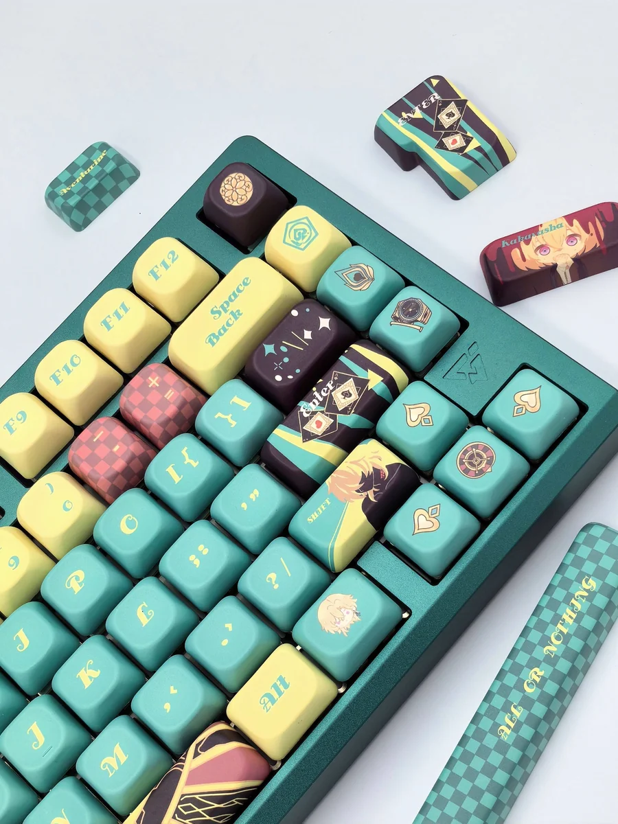 Mystical Aventurine Keycaps Set in FOA PBT Dye-Sub profile, showcasing deep greens with shimmering gold flecks and an ergonomic sculpted design.