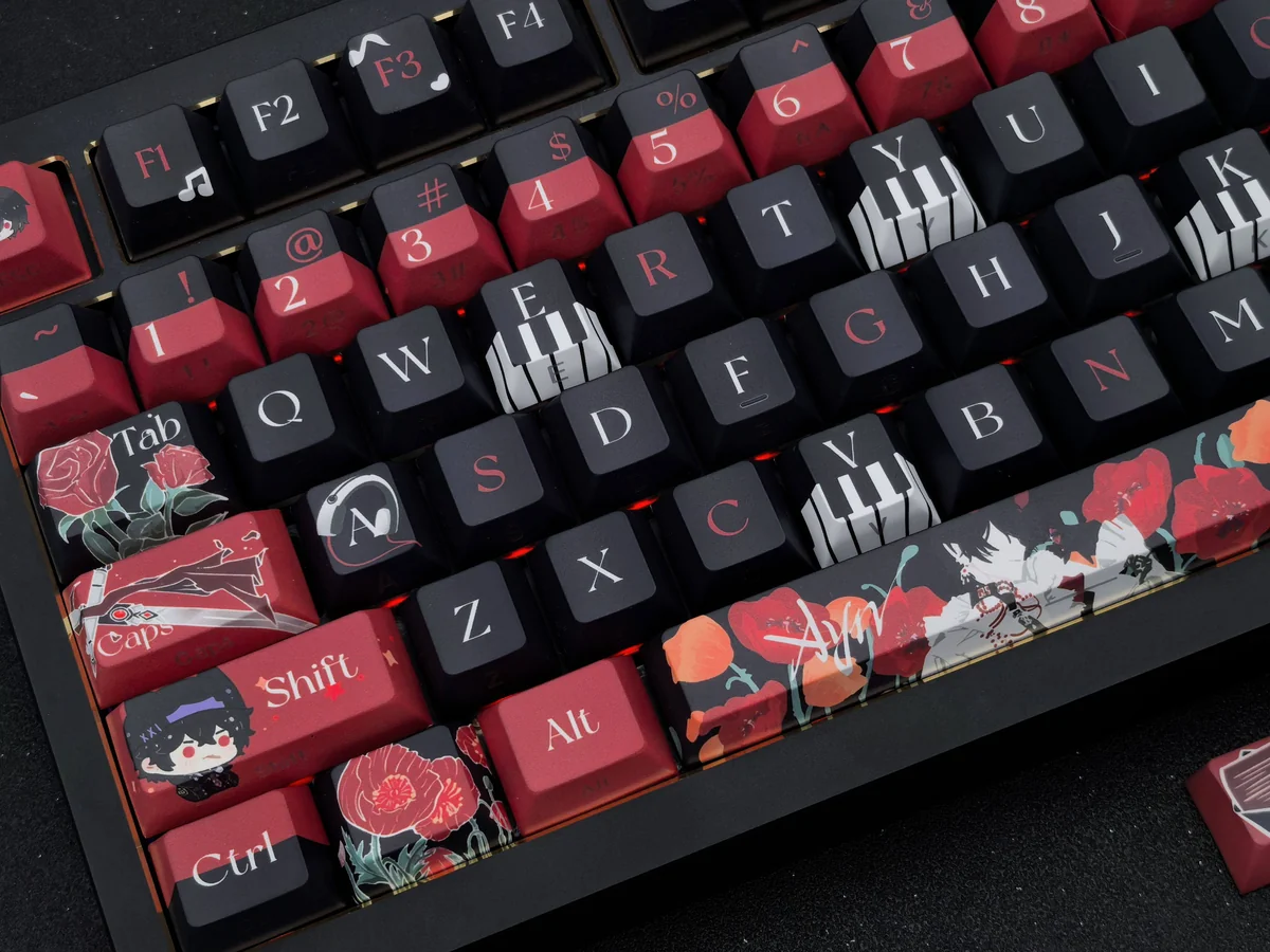 Ayn Keycap Set double-shot PBT keycaps, showcasing subtle side-printed legends and a clean minimalist top surface from various artistic angles.