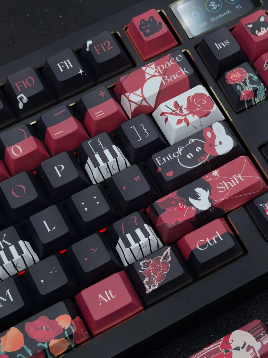 Ayn Keycap Set gallery: double-shot PBT keycaps with subtle side-printed character legends. Artistic, minimalist design viewed from various angles.