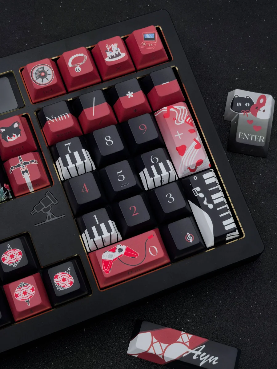 Ayn Keycap Set double-shot PBT keycaps, showcasing artistic side-printed legends from multiple angles for a clean, minimalist aesthetic design.