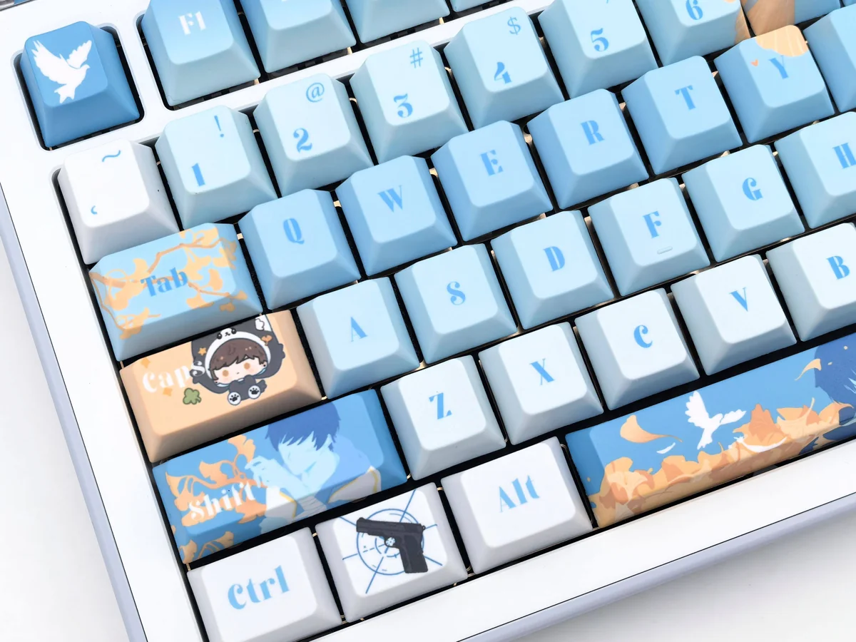 Close-up detail of Bai Qi PBT keycaps, showcasing the elegant Love & Producer character motifs and crisp, cool-toned dye-sub legends.