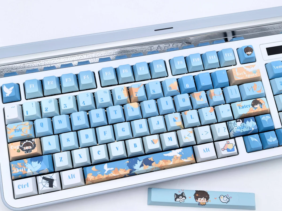 Exclusive Bai Qi PBT keycaps showcasing elegant Love & Producer character art in a sophisticated, cool-toned dye-sub set.