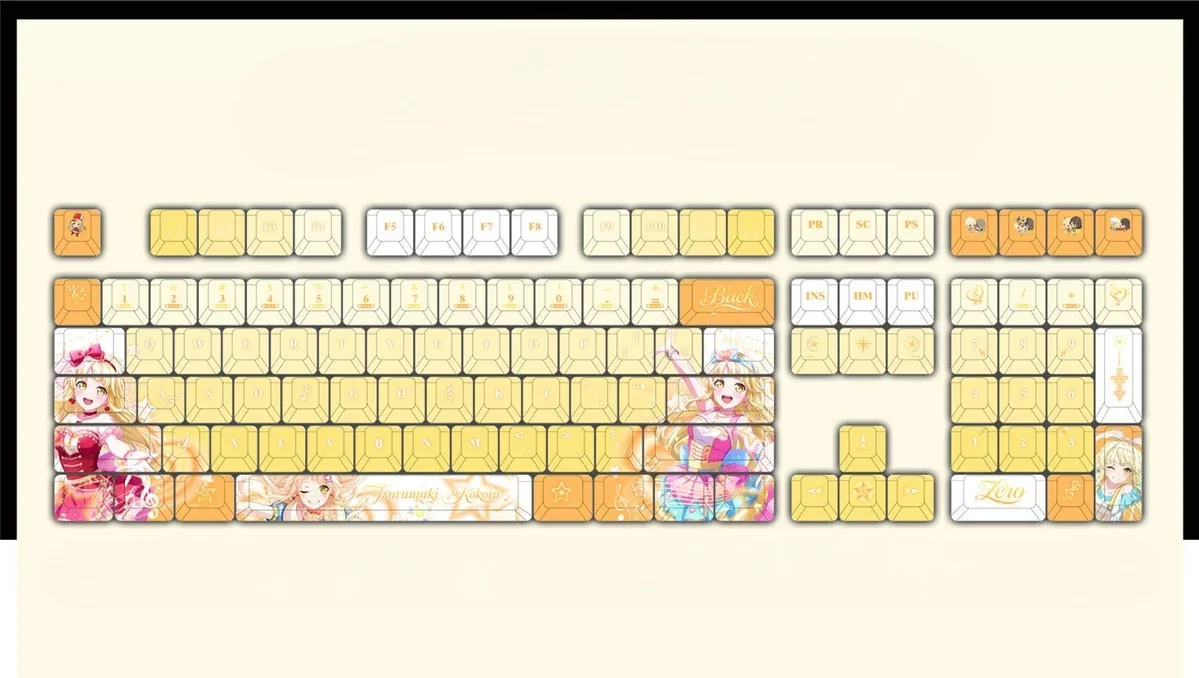 Official BanG Dream Tsurumaki Kokoro PBT keycaps set in a vibrant gallery view, showcasing cheerful anime art, high-contrast legends, and durable finish setup.
