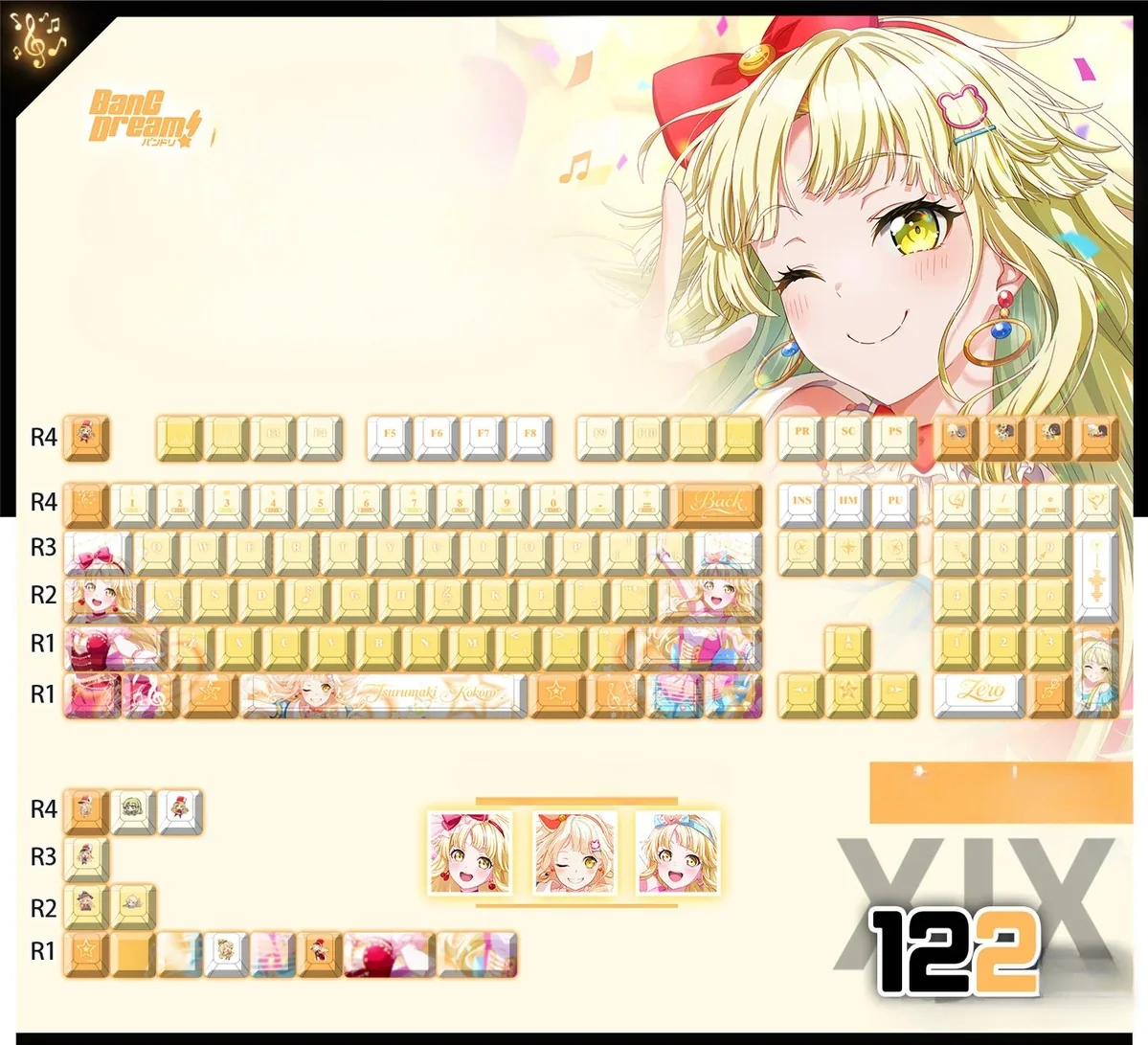 Official BanG Dream Tsurumaki Kokoro PBT Keycap Set, showcasing vibrant anime art with cheerful colors and high-contrast legends on durable PBT.