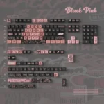 Exclusive Blackpink PBT dye-sub keycaps set, showcasing bold black and pink designs on a mechanical keyboard, perfect for artistic fans.