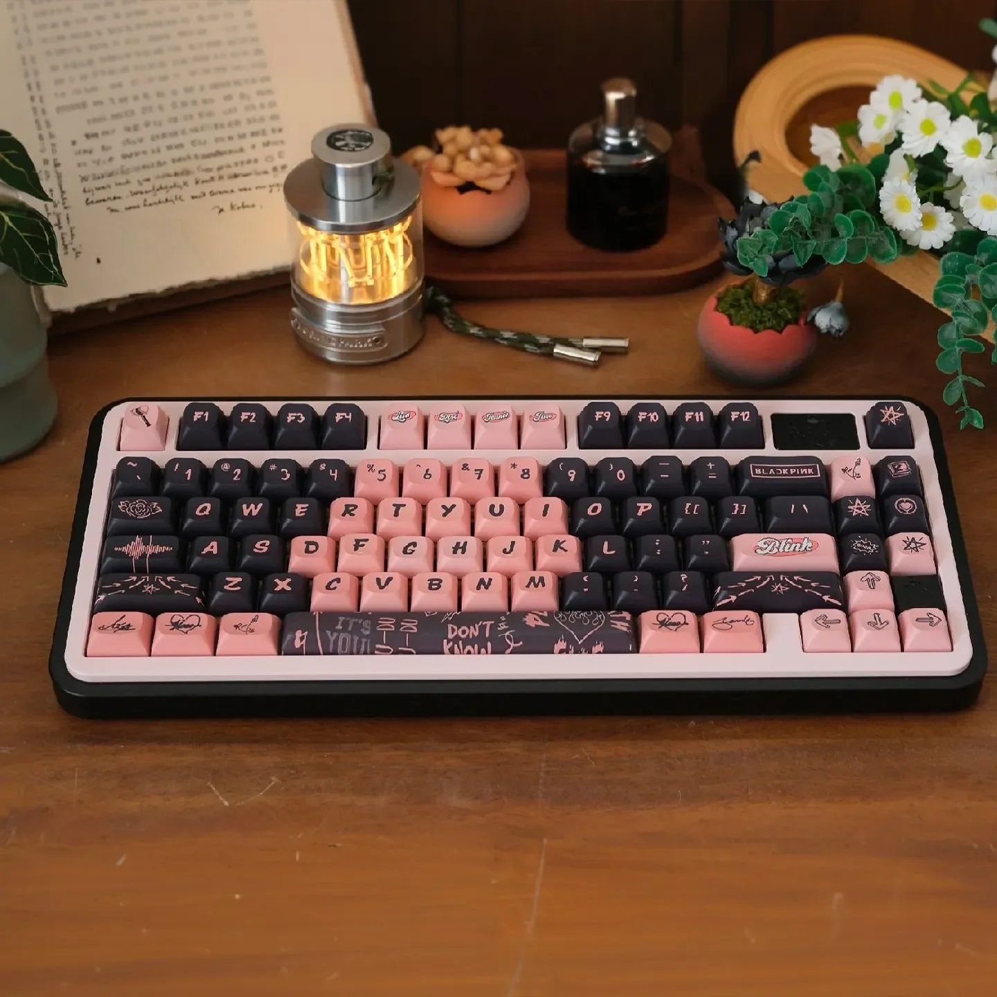 Multiple angles showcasing the exclusive Black Pink PBT dye-sub keycaps set, featuring bold black and pink designs on unique profile mechanical keyboard.