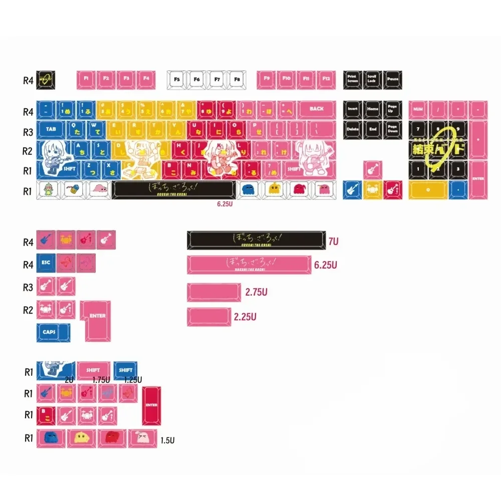 Exclusive Bocchi the Rock! Kessoku Band PBT keycaps set artistically displayed, showcasing vibrant anime designs for custom mechanical keyboards.