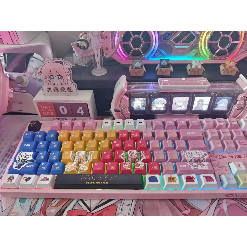 A collection of Bocchi the Rock! Kessoku Band PBT keycaps set, showcasing their vibrant anime designs and artistic character details.