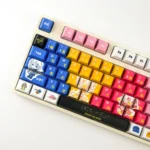 Artistic gallery views of Bocchi the Rock! Kessoku Band PBT keycaps set, highlighting vibrant anime character designs and iconic band motifs.