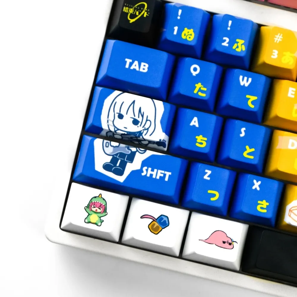 Full Bocchi Keycaps set: Vibrant PBT keycaps set for mechanical keyboards, featuring Bocchi the Rock! Kessoku Band anime art from multiple angles.