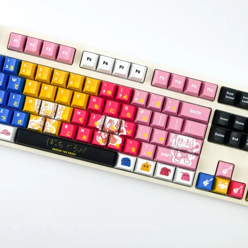 Bocchi Keycaps set showcasing vibrant anime designs from Bocchi the Rock! Kessoku Band from various angles, highlighting custom PBT quality.