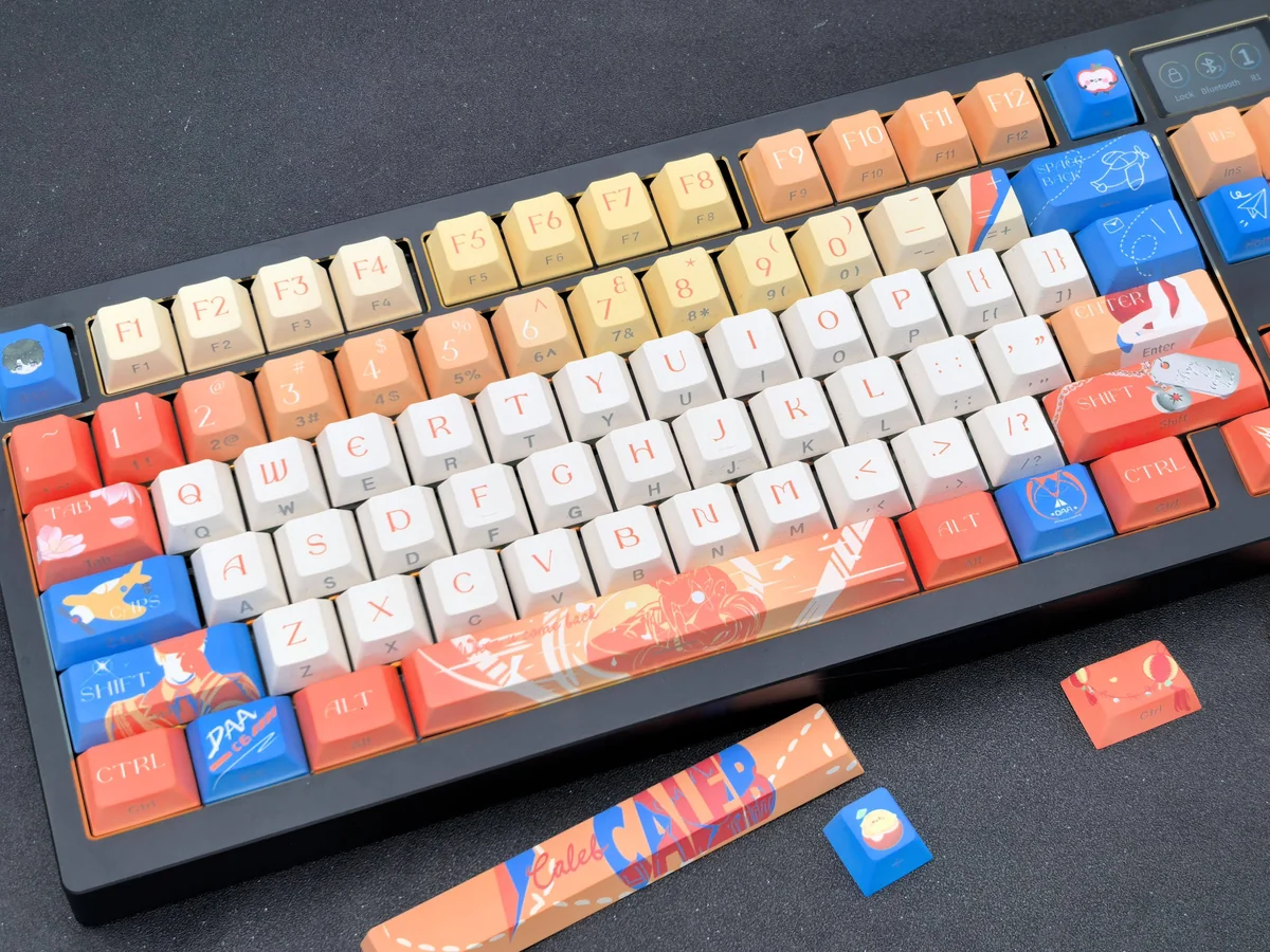 Multiple perspectives of the exclusive Caleb Keycap Set, emphasizing the elegant side-printed legends and premium, character design.