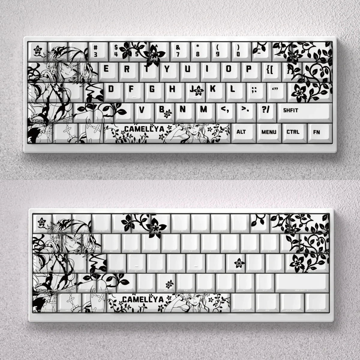 A captivating product display of Camellya Keycap Set, showcasing their elegant, nature-inspired artistry designed for 60% and 65% compact keyboards.