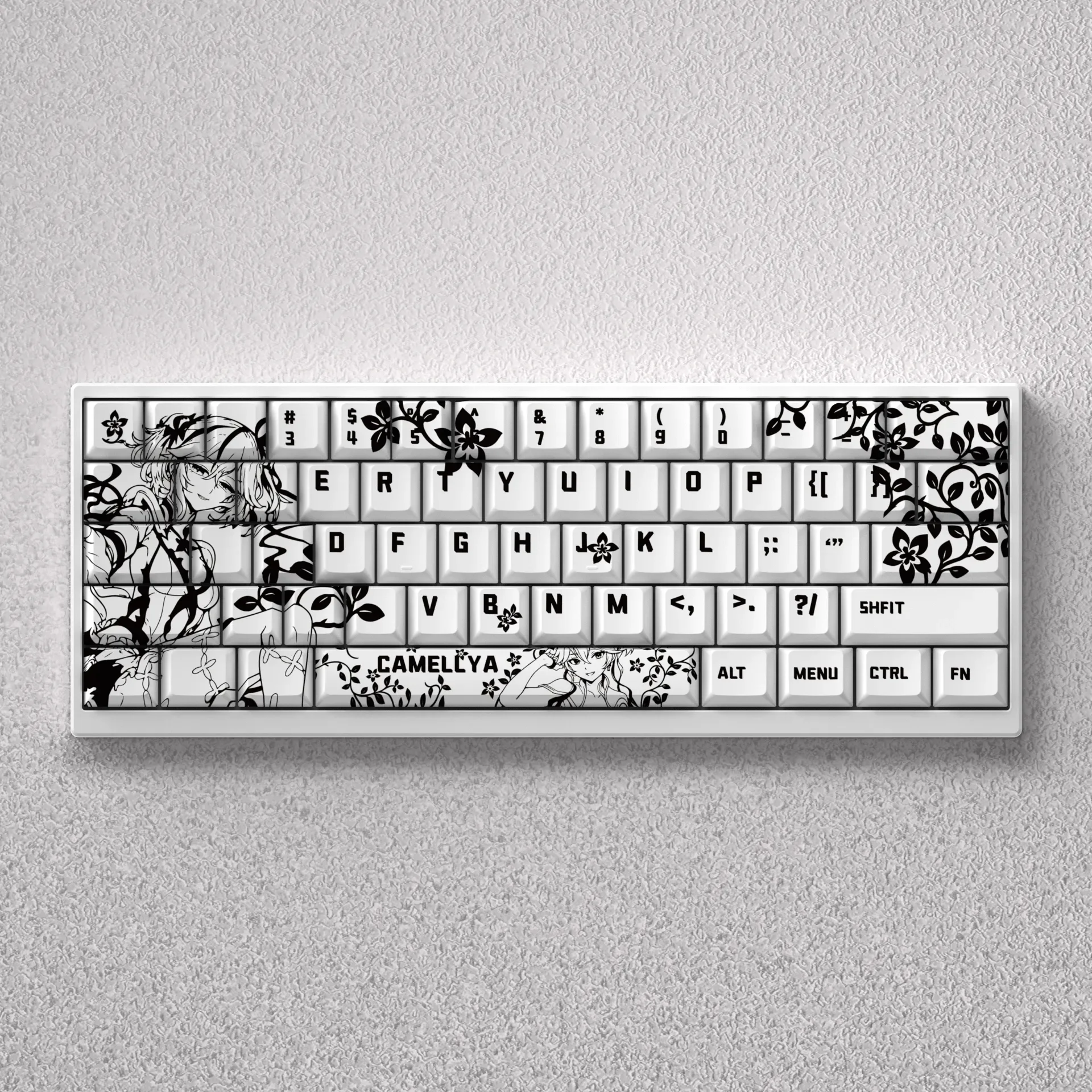 Camellya Keycap Set gallery displaying the elegant, gaming-inspired design across 60% 65% keyboards, showcasing its serene and premium aesthetic.