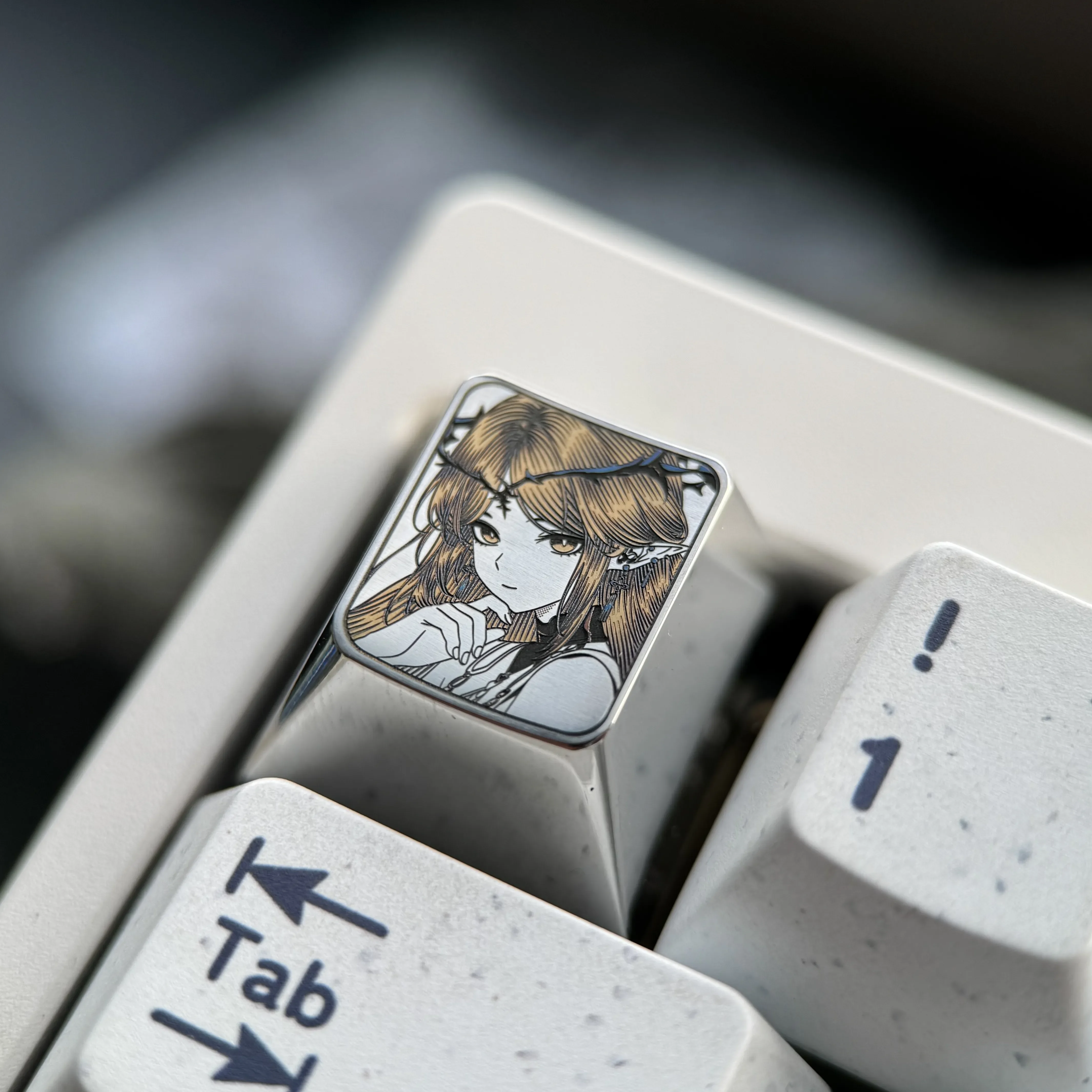 Gallery of the Cartethyia precision-engraved titanium anime ESC keycap, showcasing its intricate pointillism design from various artistic angles.