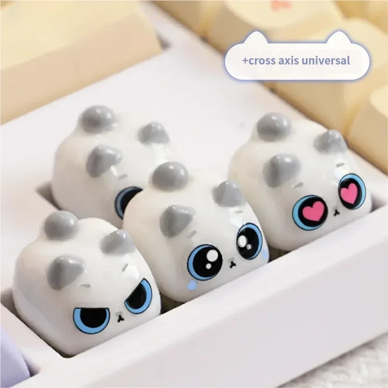 See the charming handcrafted 3D cute cat artisan keycap from multiple angles, perfect for mechanical keyboards, showcasing its playful Meow design.