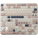 Boxed Whimsical Cat Keycap Set, featuring durable PBT dye-sub keycaps with playful cat illustrations in a cozy coffee and cream palette.