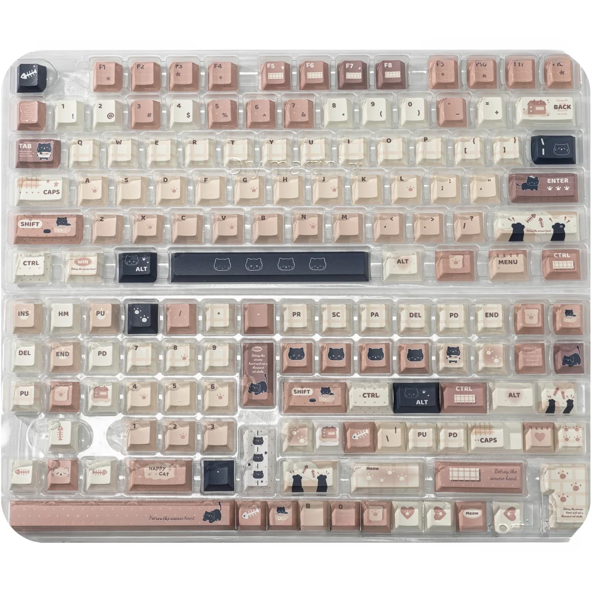 Boxed Whimsical Cat Keycap Set, featuring durable PBT dye-sub keycaps with playful cat illustrations in a cozy coffee and cream palette.