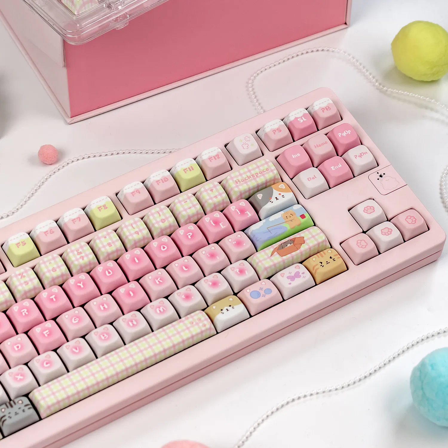 Showcase of kawaii cat keycaps with pastel dye-sub artwork, featuring mint, pink, and candy-sweet elements arranged in a clean gallery layout.