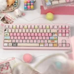 Adorable Cat Squad PBT keycaps set in a gallery, featuring pastel cat-themed dye-sub designs in mint and pink with sweet candy motifs.