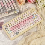 Adorable pastel Cat Squad PBT keycaps set presented from various angles, highlighting cute dye-sub cats and sweet candy motifs.