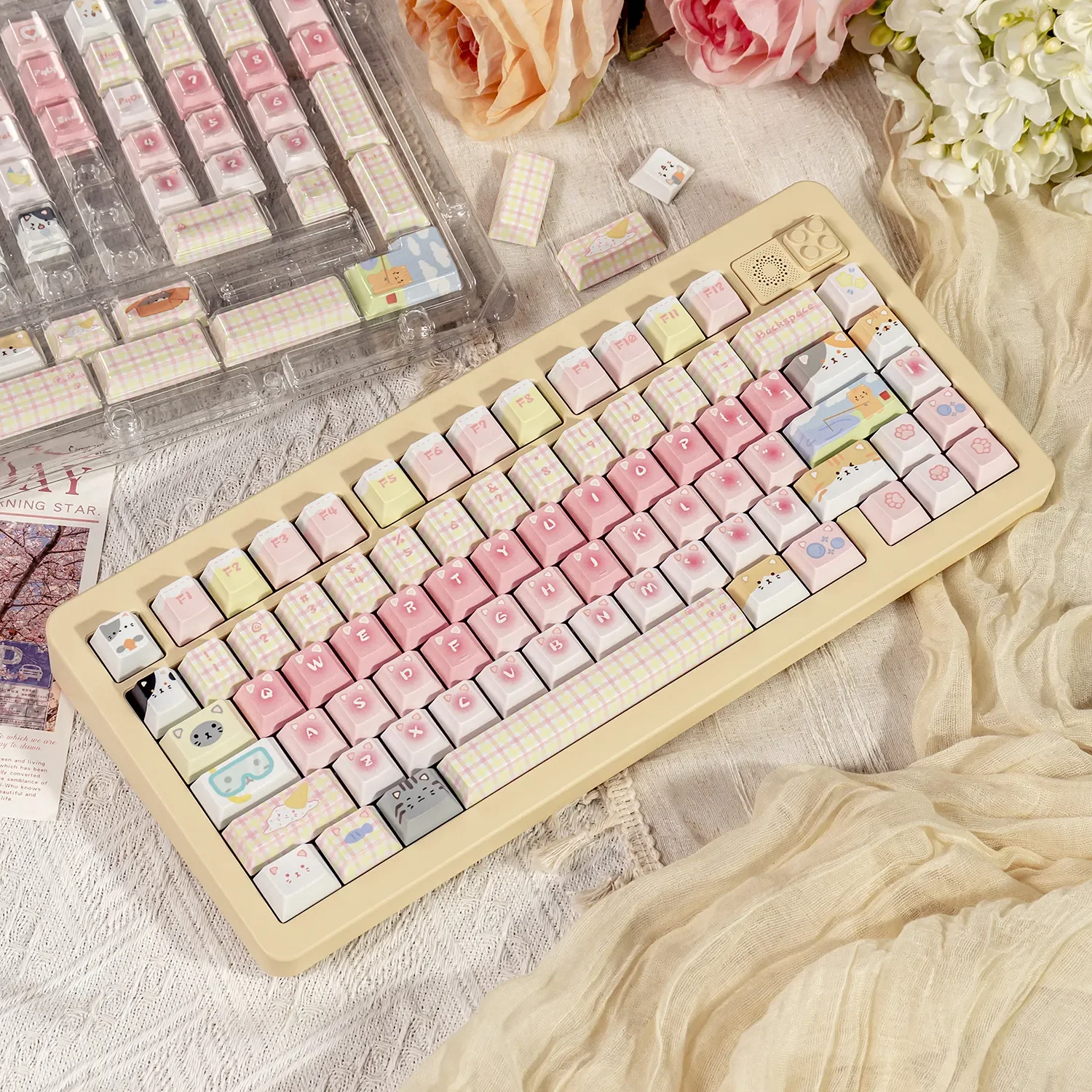 Adorable pastel Cat Squad PBT keycaps set presented from various angles, highlighting cute dye-sub cats and sweet candy motifs.