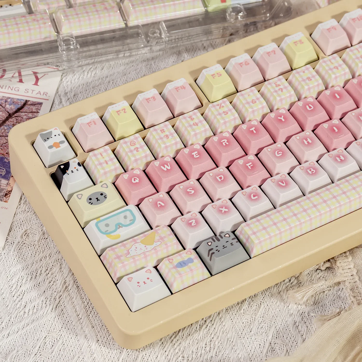 Adorable Cat Squad PBT dye-sub keycaps set in a full set gallery. Features pastel pink and mint green, playful cartoon cats.