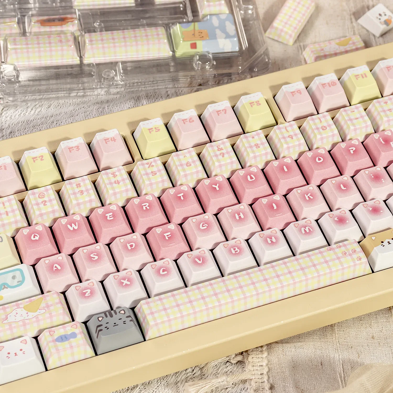 Adorable paste Cat Squad PBT keycaps set with cute cartoon cats and sweet motifs, showcasing the full dye-sub set.