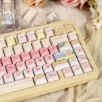Cat Squad PBT keycaps set. Playful pastel dye-sub set in pink/mint, showing cute cats and sweet feel from many angles.