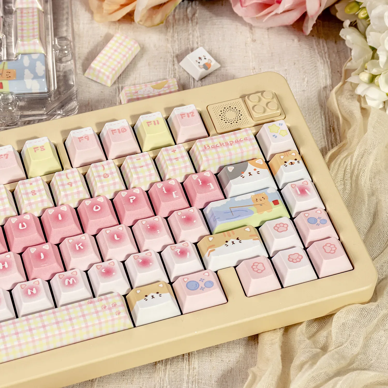 Cat Squad PBT keycaps set. Playful pastel dye-sub set in pink/mint, showing cute cats and sweet feel from many angles.