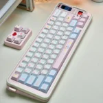 Exclusive Chalk Puppy PBT Dye-sub Keycaps set, showing the whimsical chalk-art puppy designs in soft, muted tones from multiple playful angles.