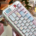 Exclusive Chalk Puppy PBT Dye-Sub Keycaps set, showcasing whimsical chalk-art puppies in soft, muted tones from multiple playful angles.