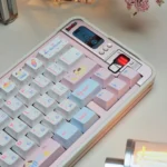 A playful arrangement of Exclusive Chalk Puppy PBT Dye-sub Keycaps Set, highlighting charming whimsical chalk-art puppies in soft, muted tones design.