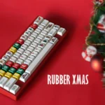 Rubber Xmas Tactile Christmas Keycap Set. Whimsical festive characters, soft colors, and unique rubbery texture from various angles.