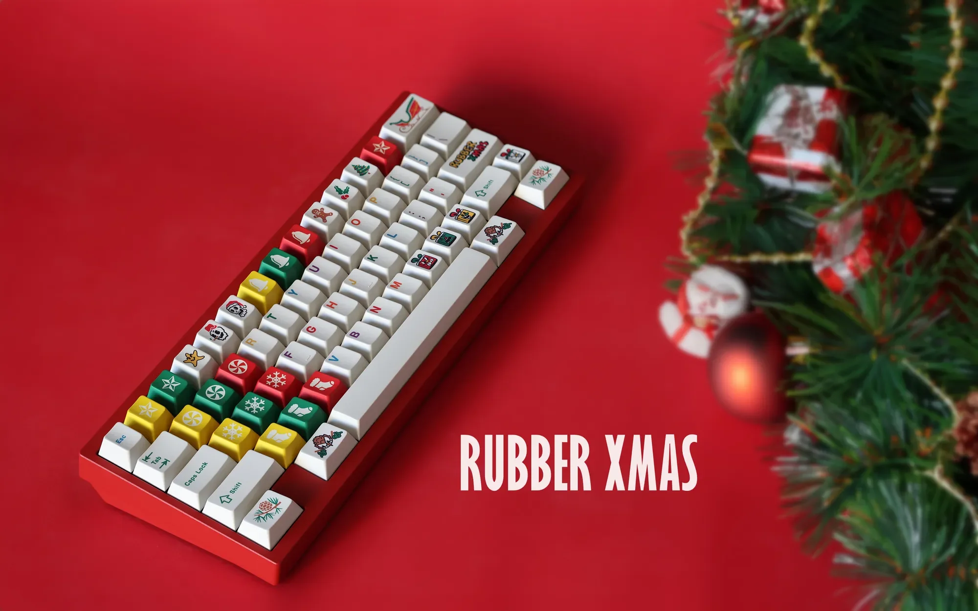 Rubber Xmas Tactile Christmas Keycap Set. Whimsical festive characters, soft colors, and unique rubbery texture from various angles.