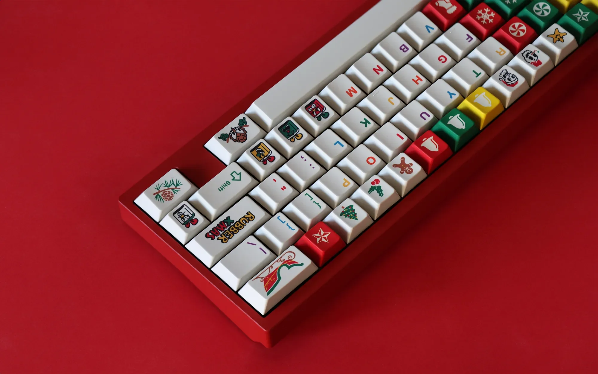 Whimsical Rubber Xmas Tactile Christmas Keycap Set from multiple angles, highlighting festive characters, soft colors.