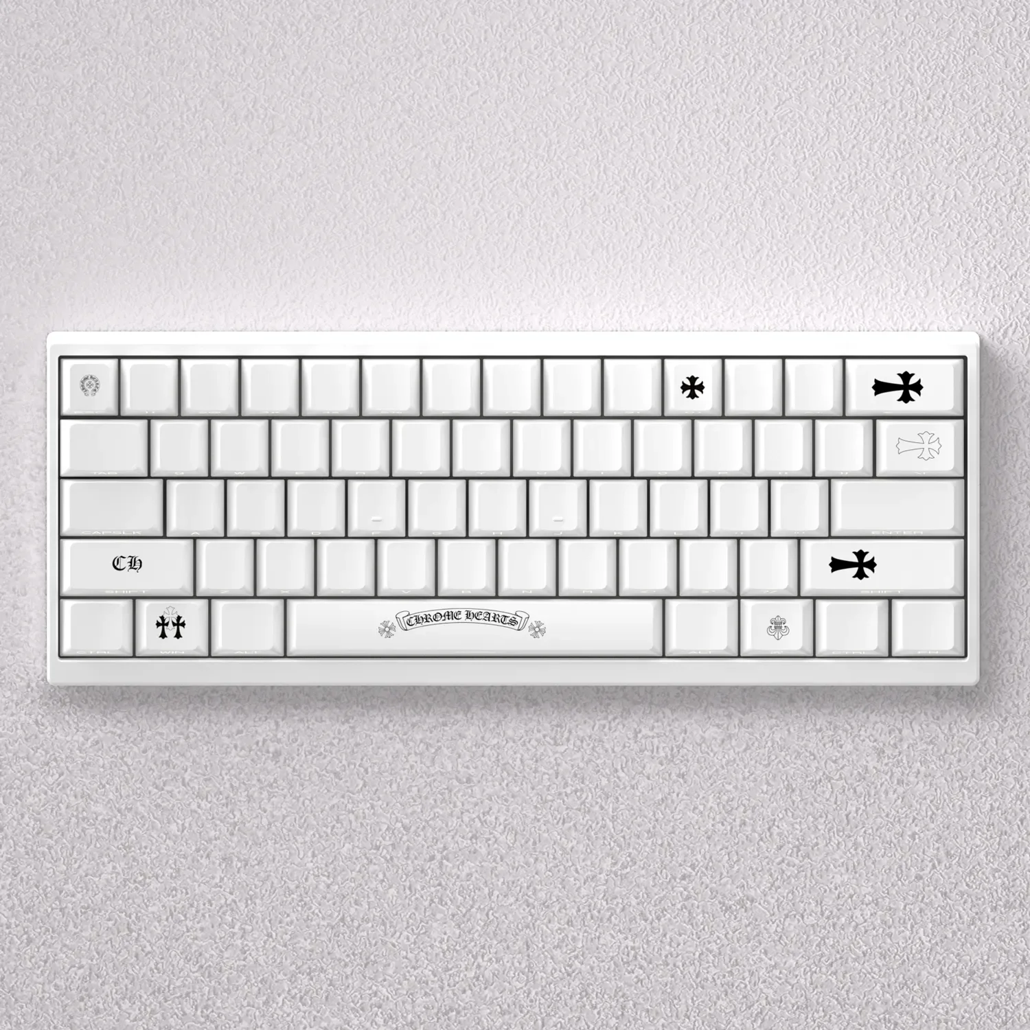 Chrome Hearts Keycaps Set gallery showcasing iconic gothic-inspired custom PBT keycaps from multiple angles, highlighting distinctive motifs and premium design.