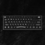Gothic luxury Chrome Hearts keycaps set, frosted translucent PC set. Gallery displays edgy modern aesthetic, ethereal glow from multiple angles.