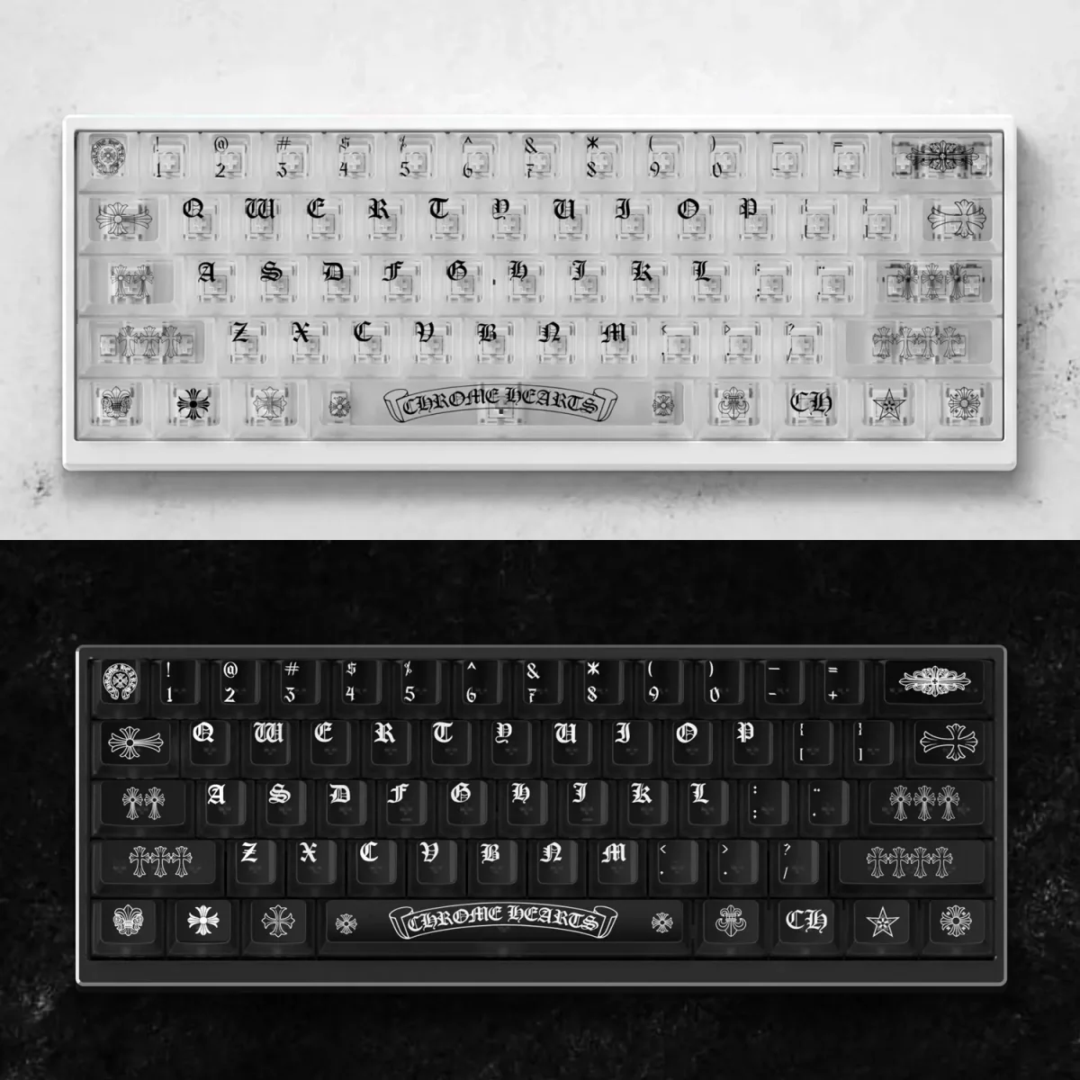 Striking Gothic luxury Chrome Hearts keycaps set, frosted translucent PC, elegantly displaying iconic design with an ethereal glow.