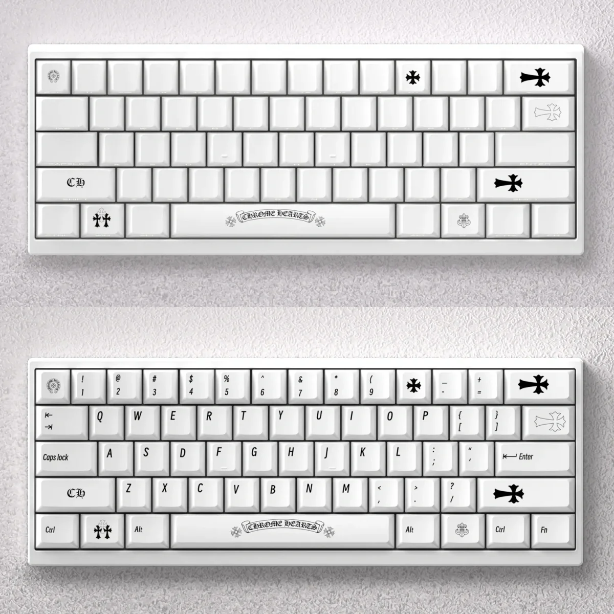 Gothic-inspired Chrome Hearts Keycaps custom PBT set, displaying iconic motifs, minimalist lines, and a premium finish for an edgy desktop.