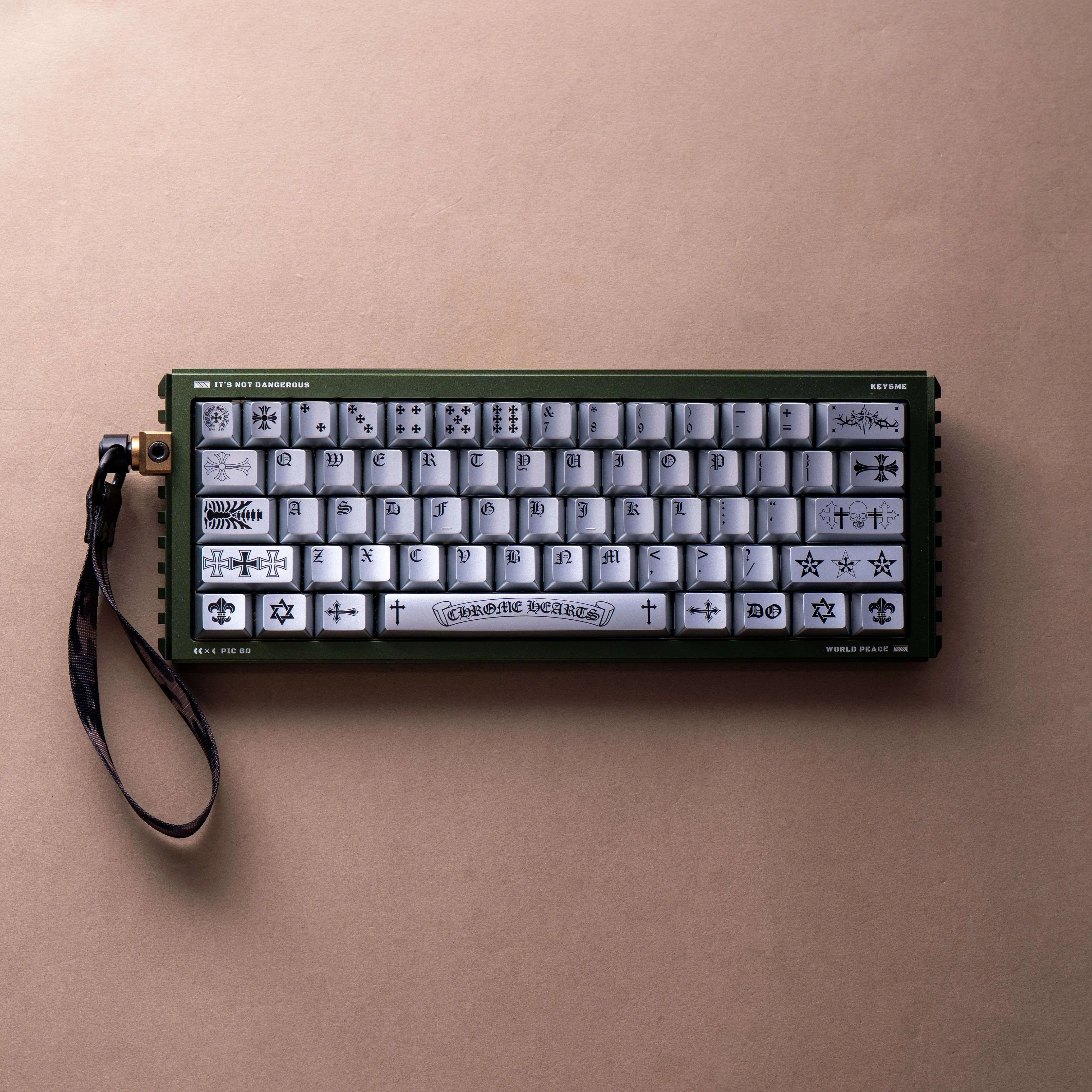 Dark gothic Chrome Hearts Keycap Sett with distressed metal texture, showcasing Chrome Hearts style for an edgy, premium keyboard accent.