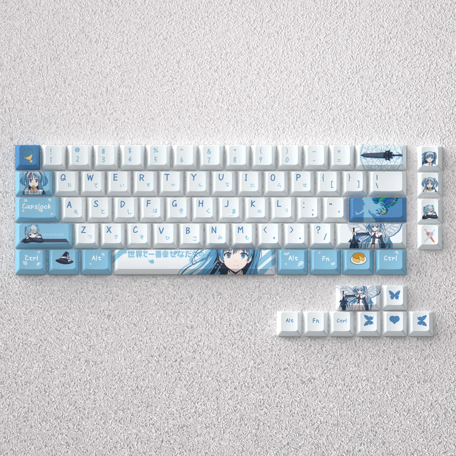 Exclusive Chtholly Keycaps PBT set for mechanical keyboards, showcasing vibrant anime art of Chtholly Nota Seniorious. Elevate your setup with this gorgeous set.