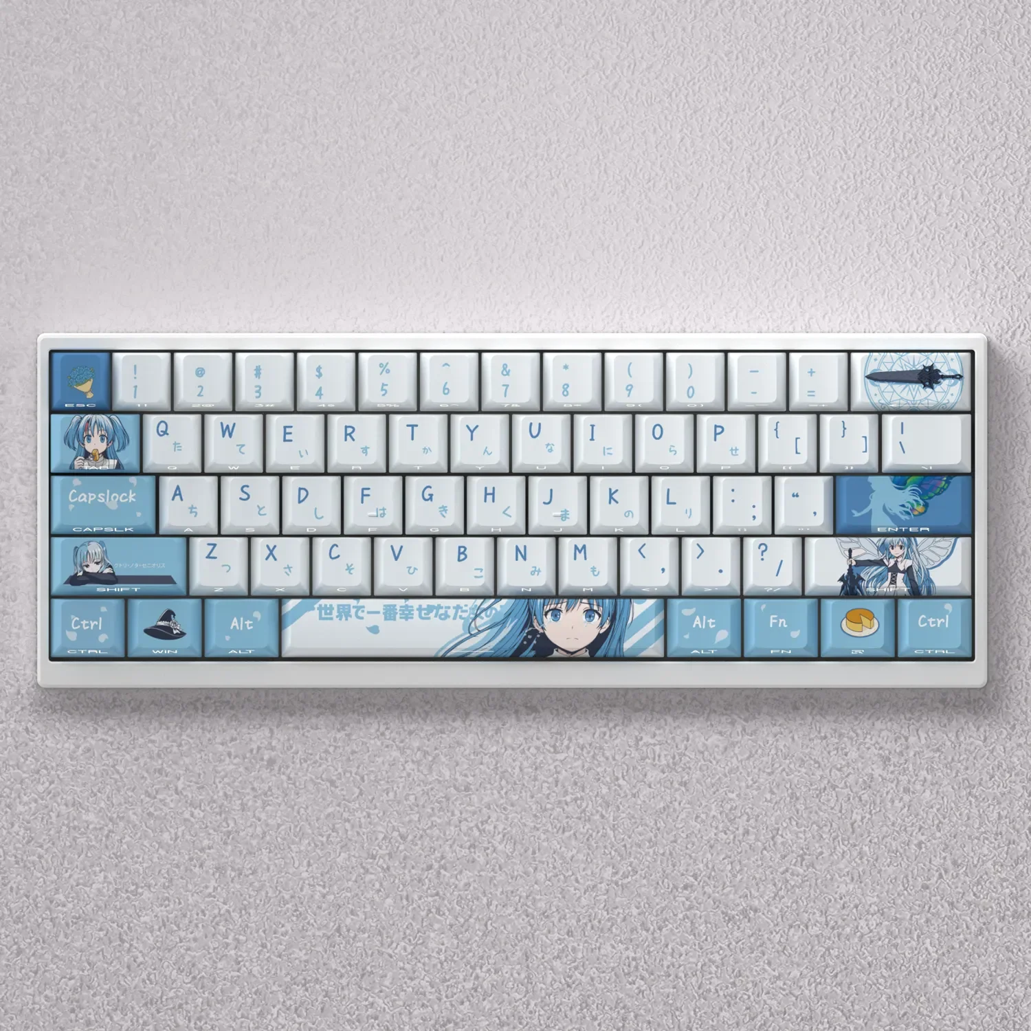 Vibrant Chtholly Anime PBT Keycap Set collection, displayed from multiple artistic angles, showcasing exclusive character art and Cherry profile.