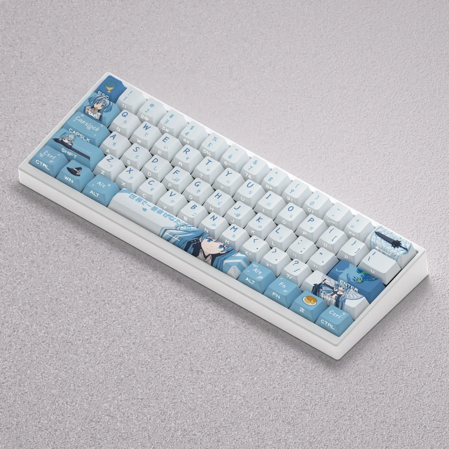 Exclusive Chtholly Anime PBT keycap set for mechanical keyboards, featuring vibrant character art from various angles, emphasizing its unique design.