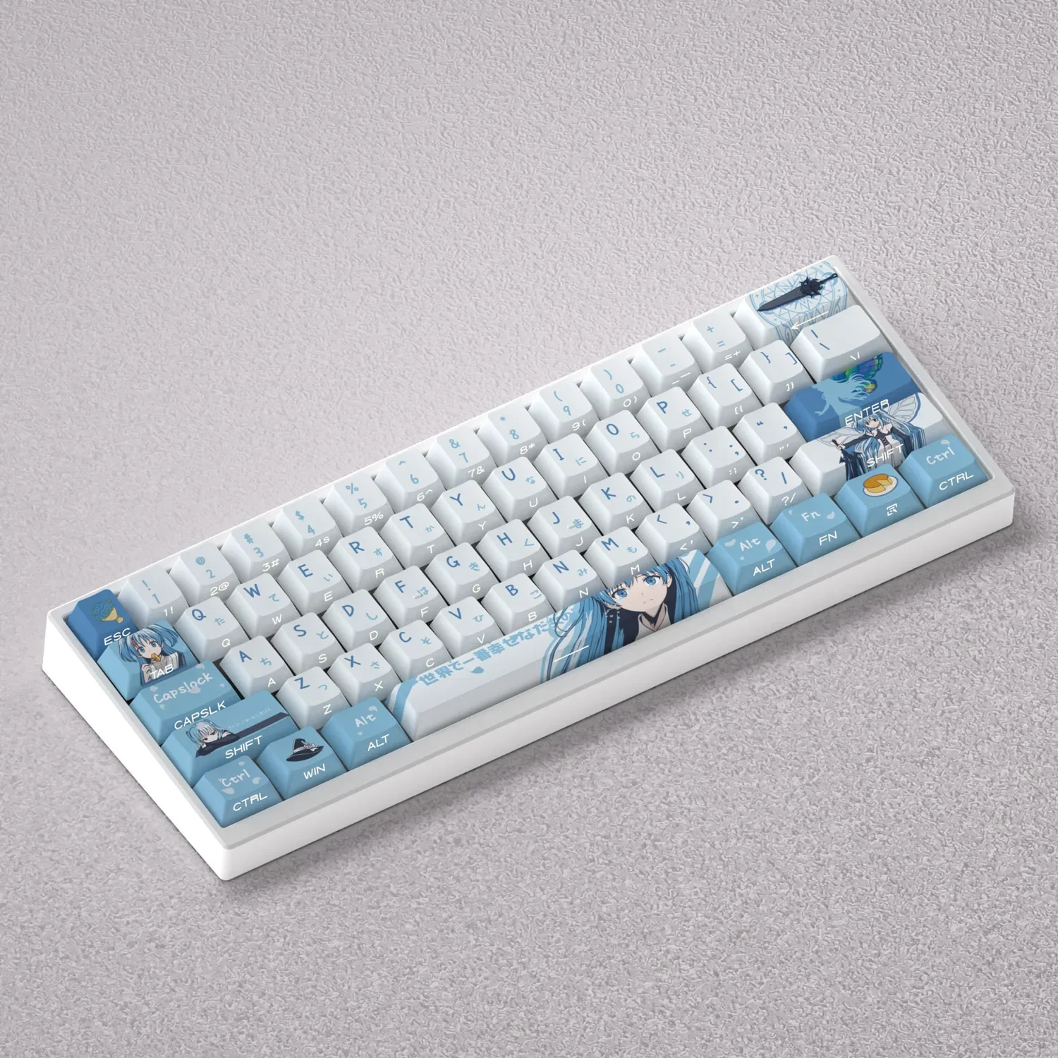 Gallery of Exclusive Chtholly Keycaps anime PBT set. Vibrant character art, Cherry profile, and durable PBT shown from different angles.