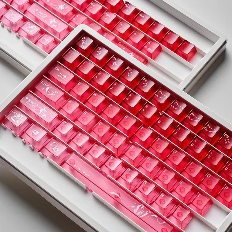 Playful luminous cinnabar pink keycaps set reveal their transparent gradient beauty from multiple angles, highlighting their unique charm.